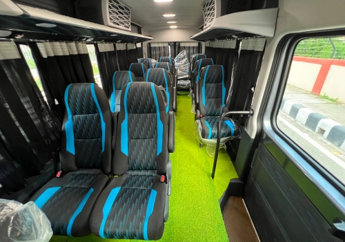 Comfortable seating inside an NE Heavens Tempo Traveller